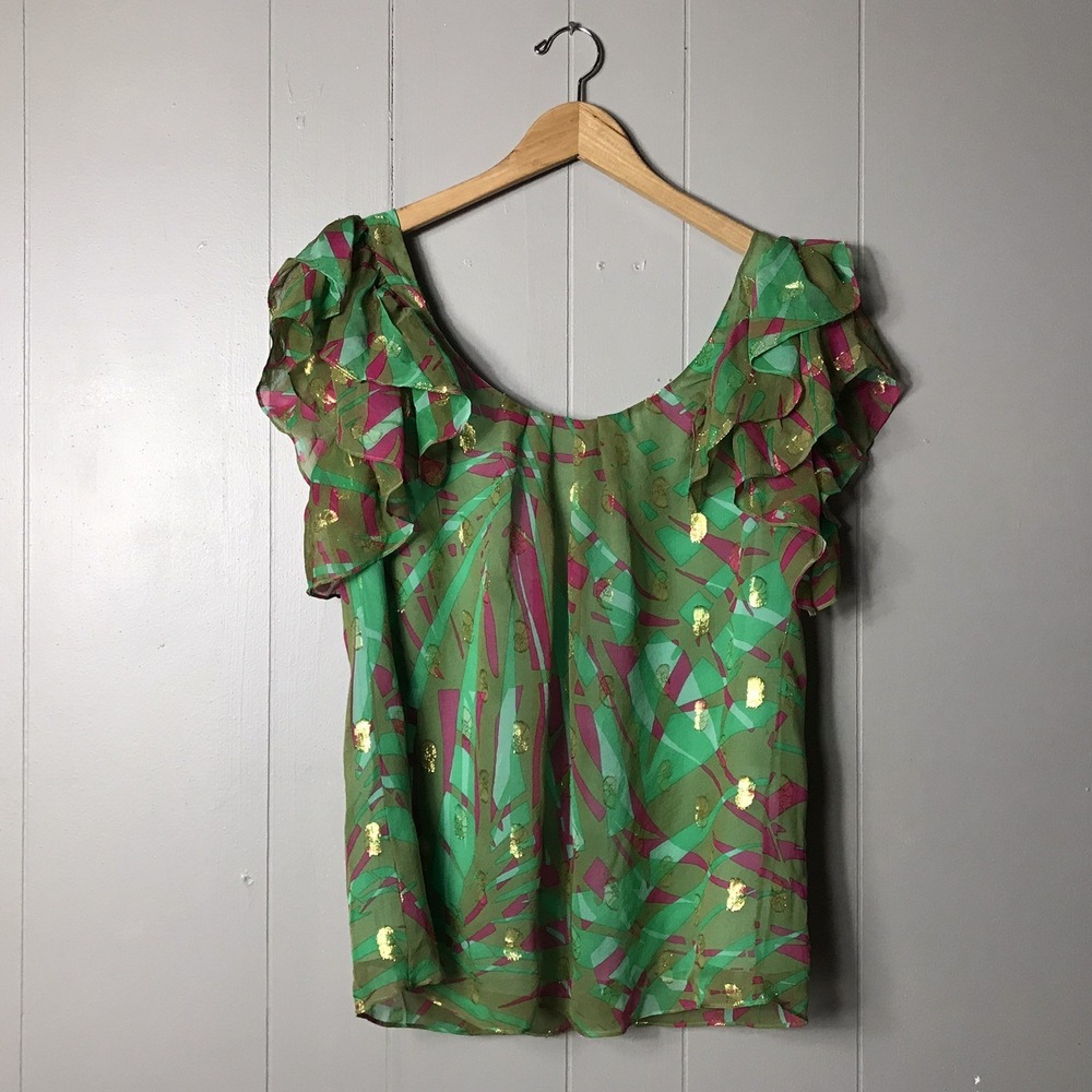AN ORIGINAL MILLY SILK MINT GREEN GEOMETRIC BLOUSE RUFFLE SLEEVE WOMENS SIZE 6